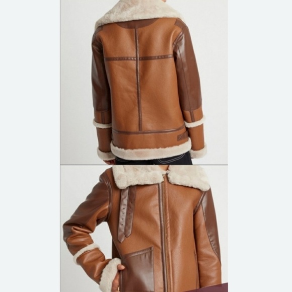 Choosy Amelia Shearling Jacket Aviator Vegan Faux Leather with Cream Accents XL - Picture 4 of 16